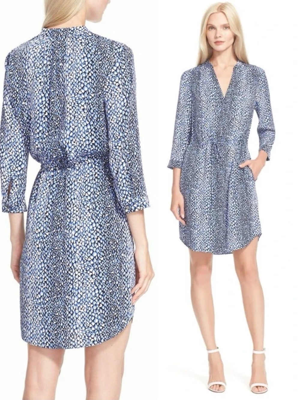 DVF • Freya Silk Blend Shirt Dress in Snake Hearts print blue black